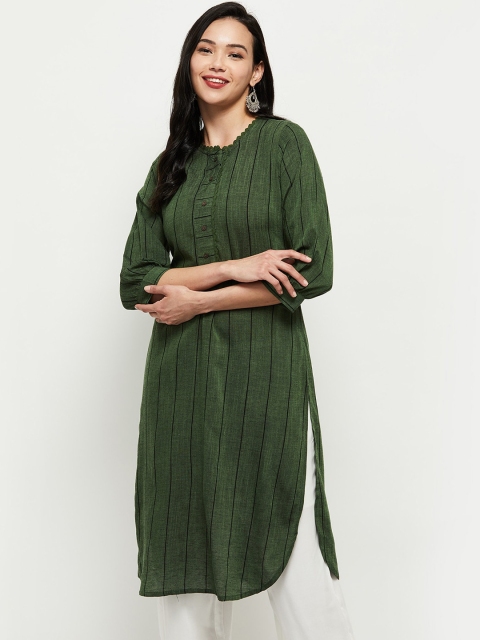 

max Women Green Striped Thread Work Pure Cotton Kurta
