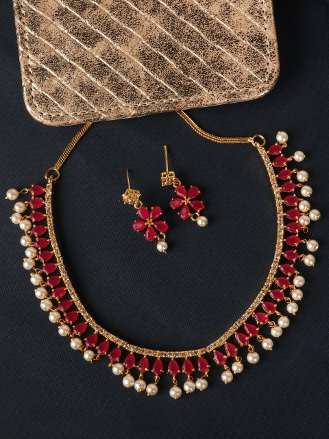 

PENNY JEWELS Pink & Gold-Plated Stone-Studded Leaf Shaped Jewellery Set