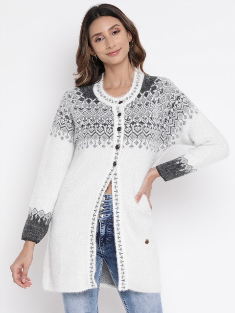 

V2 Value & Variety Women Cream-Coloured & Charcoal Printed Cardigan with Fuzzy Detail