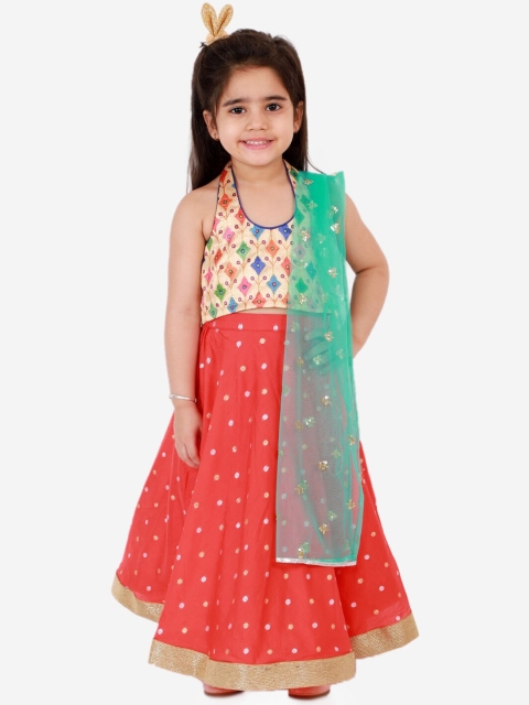 

Lil Peacock Girls Red & Green Embellished Ready to Wear Lehenga & Blouse With Dupatta