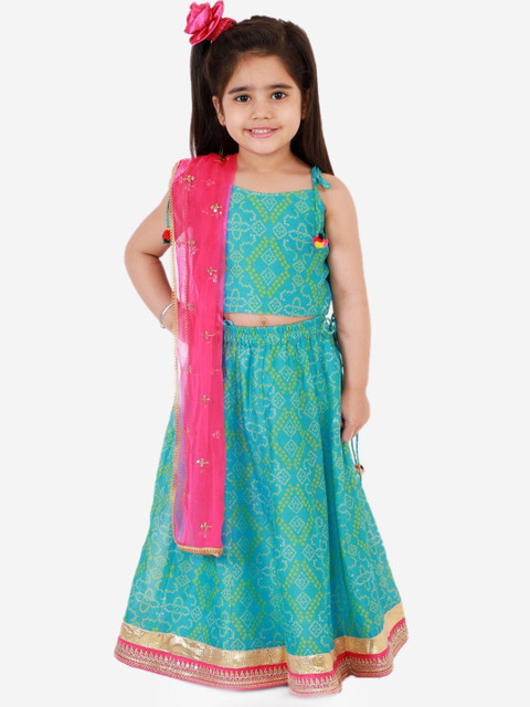 

Lil Peacock Girls Turquoise Blue & Green Printed Ready to Wear Lehenga & Blouse With Dupatta