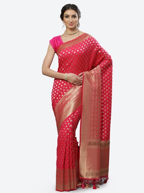 

Meena Bazaar Fuchsia & Gold-Toned Ethnic Motifs Beads and Stones Art Silk Saree