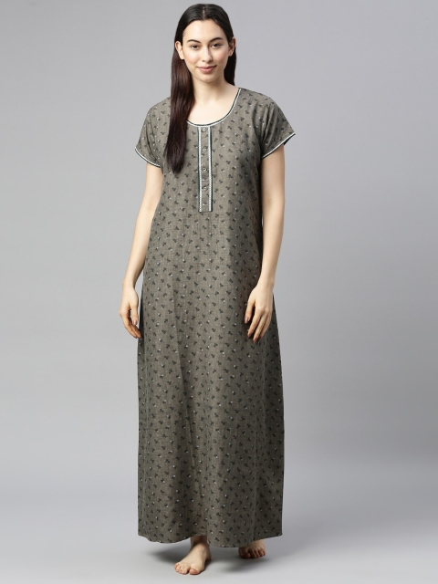 

GOLDSTROMS Green & Grey Floral Printed Pure Cotton Maxi Nightdress
