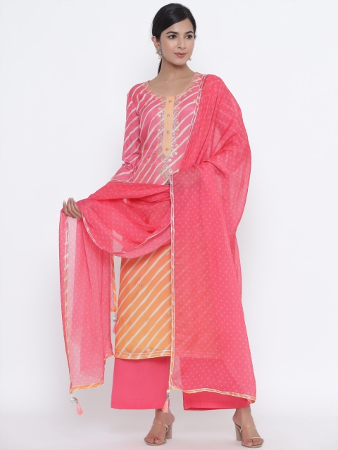 

Readiprint Fashions Pink & Orange Leheriya Printed Unstitched Dress Material