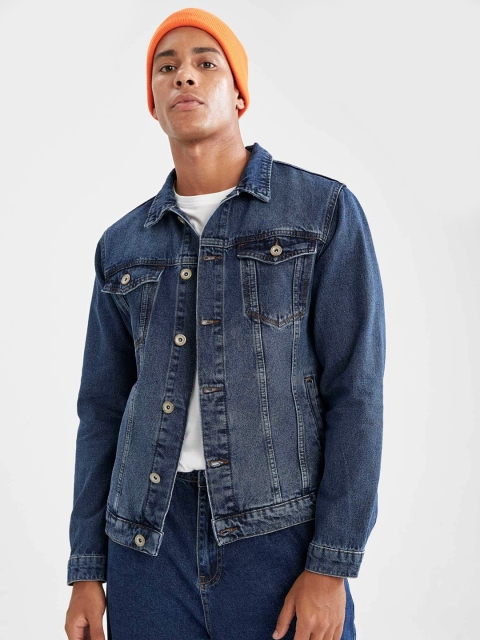 

DeFacto Men Blue Pure Cotton Solid Denim Jacket