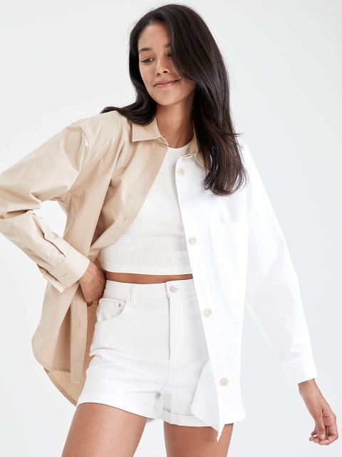 

DeFacto Women Beige Pure Cotton Colourblocked Casual Shirt