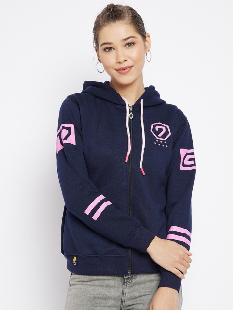 

FirstKrush Women Navy Blue Printed Hooded Sweatshirt