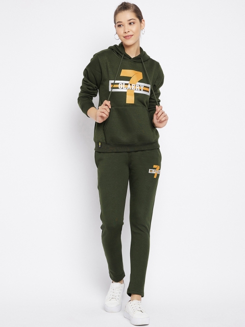 

FirstKrush Women Olive Green Graphic Printed Hooded Tracksuit