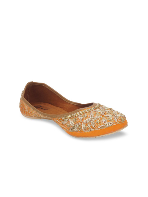 

The Desi Dulhan Women Orange Embellished Leather Party Mojaris Flats