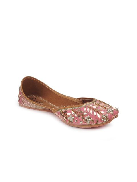 

The Desi Dulhan Women Pink Printed Leather Party Mojaris Flats