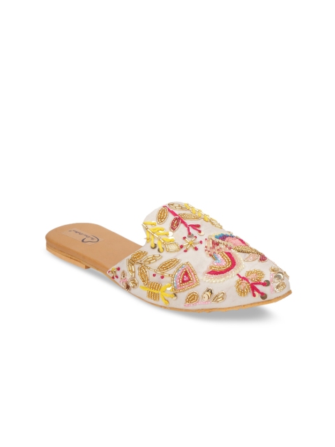 

The Desi Dulhan Women White Party Mules with Embroidered Flats