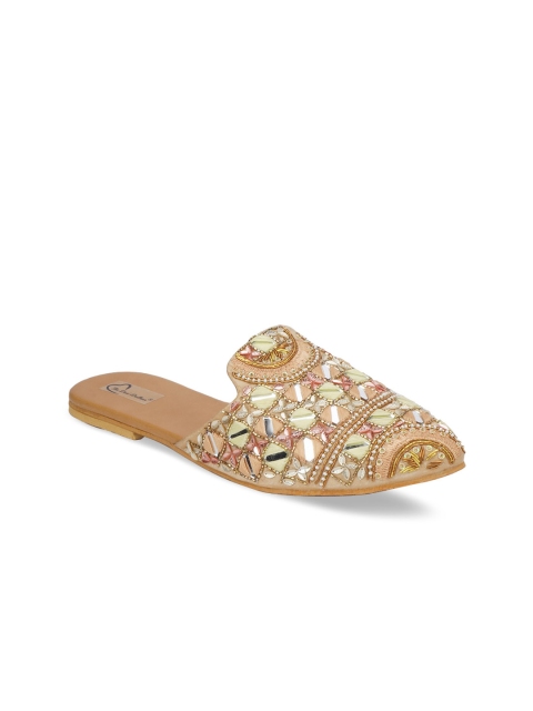 

The Desi Dulhan Women Golden Embellished Leather Ethnic Mules Flats, Gold