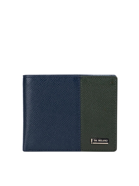 

Da Milano Men Blue & Olive Green Textured Zip Detail Leather Two Fold Wallet