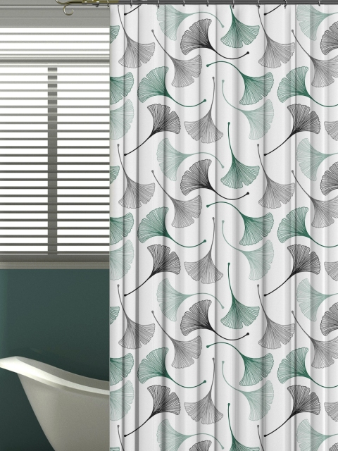 

Aura White & Green Printed Shower Curtain With 12 Hooks