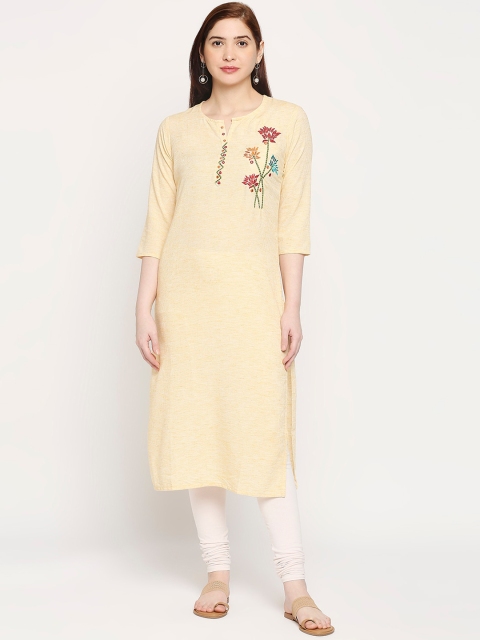 

ZRI Women Yellow Checked Embroidered Floral Kurta