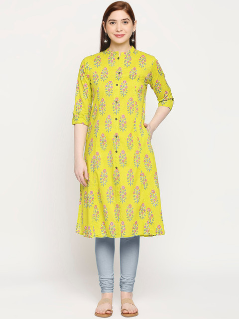 

ZRI Women Green & Pink Floral Printed Floral Straight Kurta