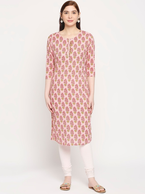 

ZRI Women Pink Paisley Printed Keyhole Neck Thread Work Floral Kurta