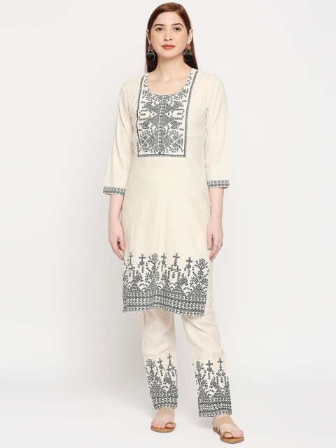 

ZRI Women Cream-Coloured Printed Kurta with Trousers