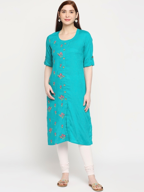 

ZRI Women Sea Green Thread Work Floral Kurta