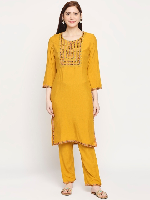 

ZRI Women Mustard Yellow Yoke Design Thread Work Kurta with Trousers