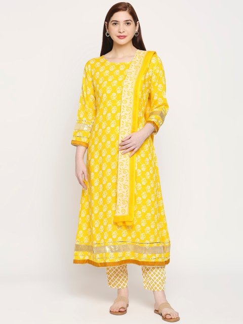 

ZRI Women Yellow Ethnic Motifs Printed Pure Cotton Kurti with Trousers & With Dupatta