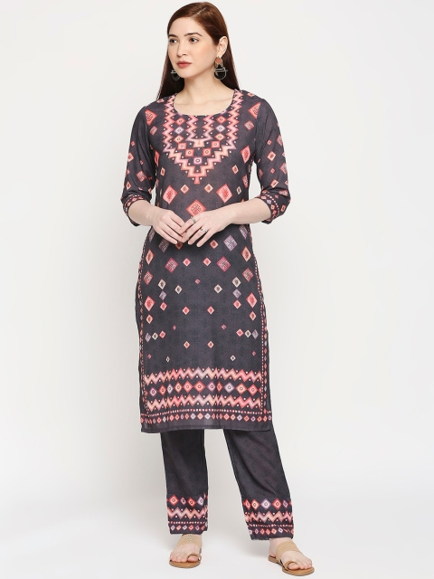 

ZRI Women Black Printed Linen Kurta with Trousers