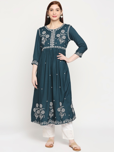

ZRI Women Teal Floral Yoke Design Pleated Thread Work Kurta with Trousers