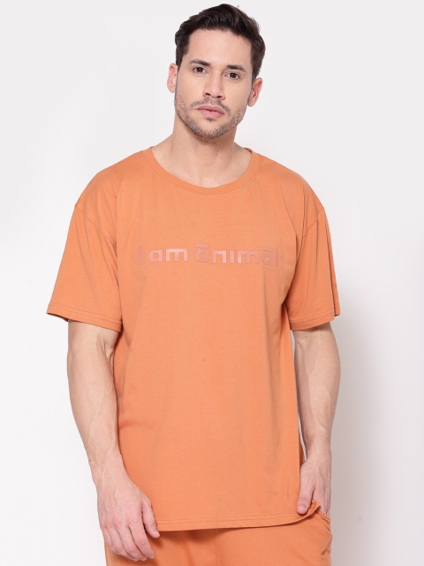 

I Am Animal Men Orange Organic Cotton Loose Fit T-Basic Word Printed T-Shirt