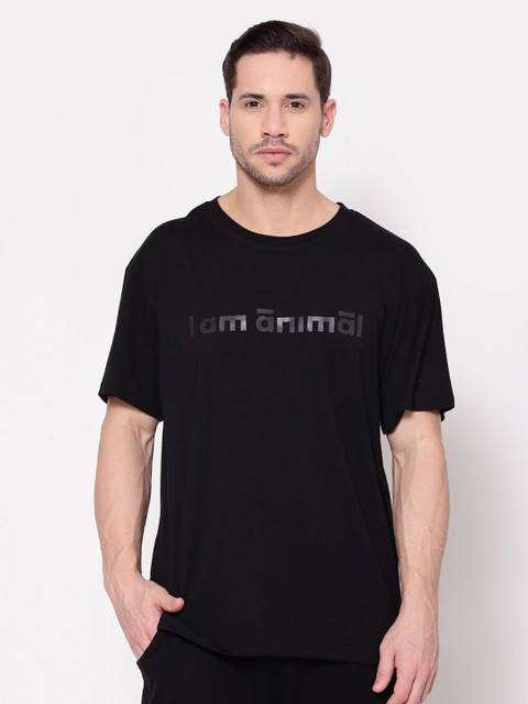 

I Am Animal Men Black Organic Cotton Loose Fit T-Basic Word Printed T-Shirt
