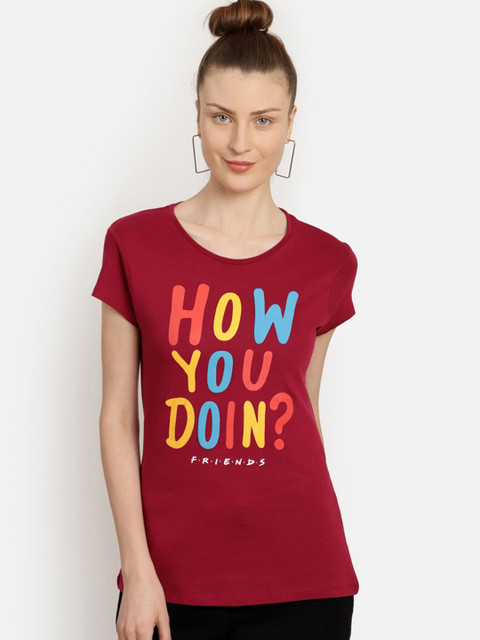 

Free Authority Friends Featured Women Maroon Typography Printed T-shirt
