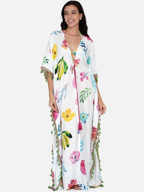 

The Kaftan Company Woman White & Blue Floral Printed Kaftan Cover-Up Dress