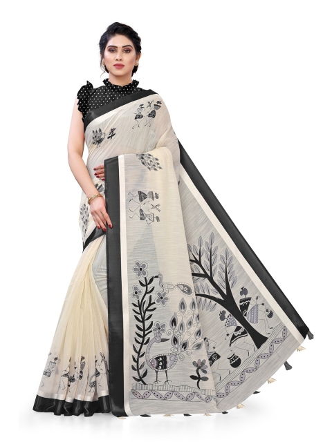 

KALINI Women Cream-Coloured & Black Printed Polycotton Saree