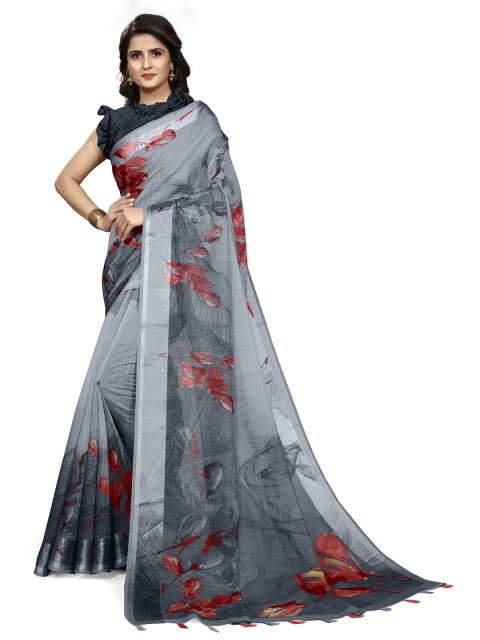 

KALINI Grey & Red Floral Bagh Saree