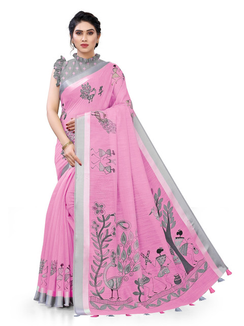 

KALINI Pink & Grey Warli Printed Saree