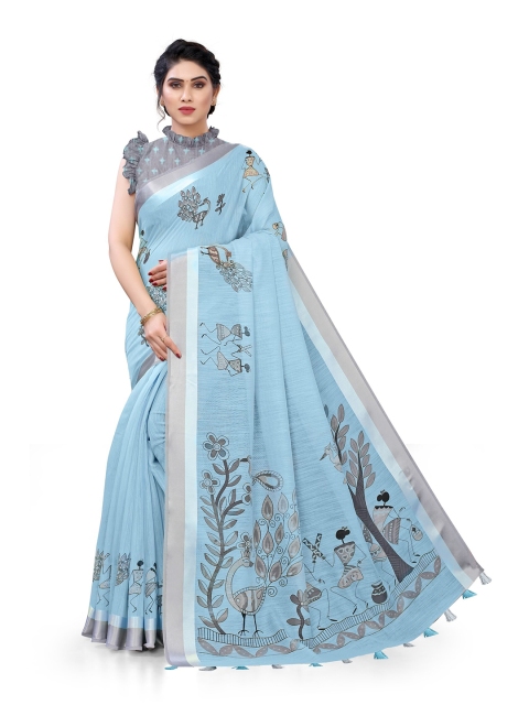 

KALINI Blue & Grey Warli Printed Saree