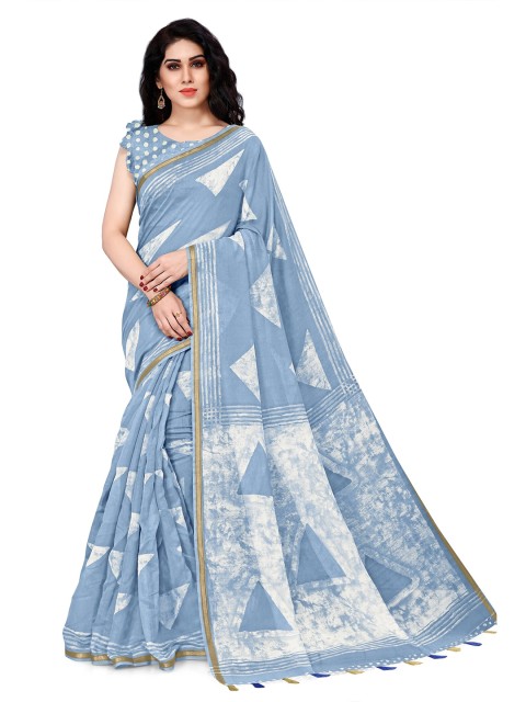 

KALINI Women Blue & White Batik Printed Polycotton Saree