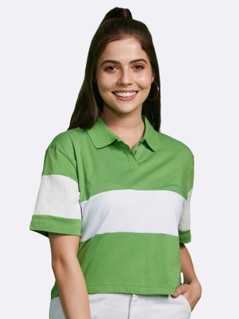 

Bewakoof Women Green Colourblocked Polo Collar Extended Sleeves Pockets T-shirt