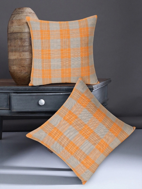 

Mezposh Orange & Beige Set of 2 Checked Square Cushion Covers