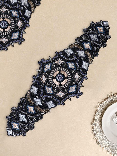 

Mezposh Groove Navy Blue Cotton Canvas Sequined Mandala Embroidered 6 Seater Table Runner