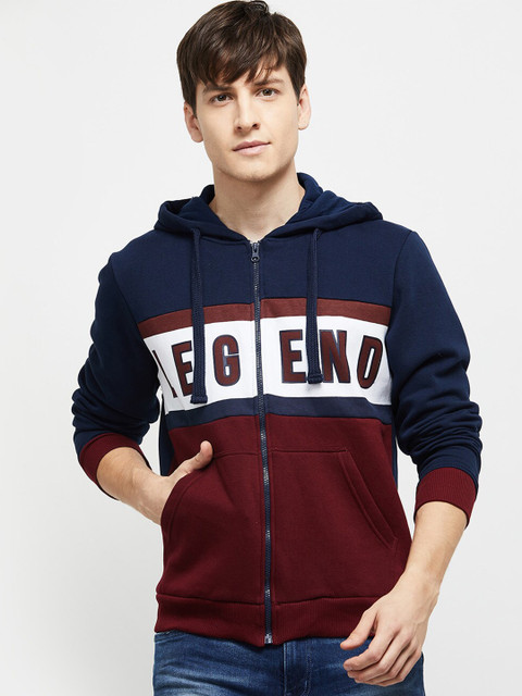 

max Men Navy Blue Printed Front Open Sweatshirt