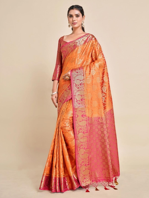 

MIMOSA Orange & Fuchsia Ethnic Motifs Art Silk Kanjeevaram Saree