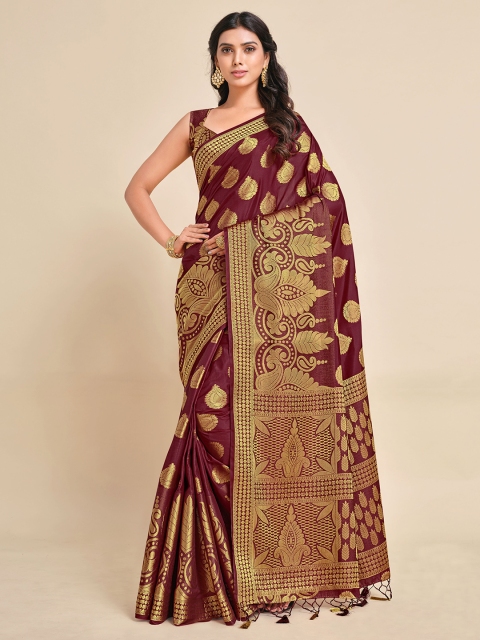 

MIMOSA Maroon & Gold-Toned Ethnic Motifs Zari Art Silk Kanjeevaram Saree