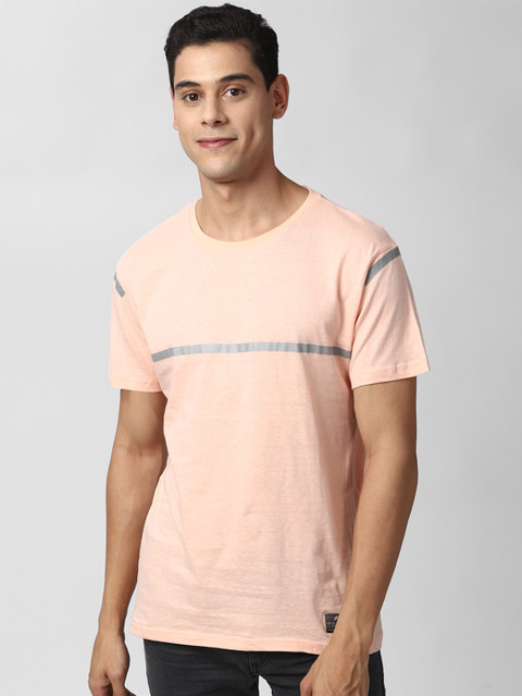 

Peter England Casuals Men Striped Pink & Grey Slim Fit Cotton T-shirt