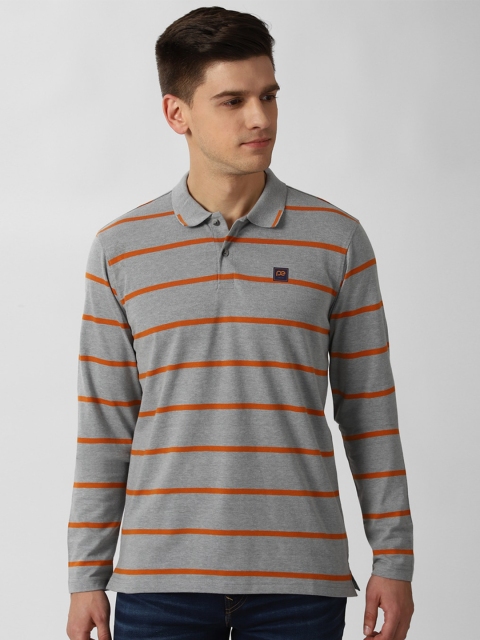 

Peter England Casuals Men Grey Striped Polo Collar Pockets T-shirt