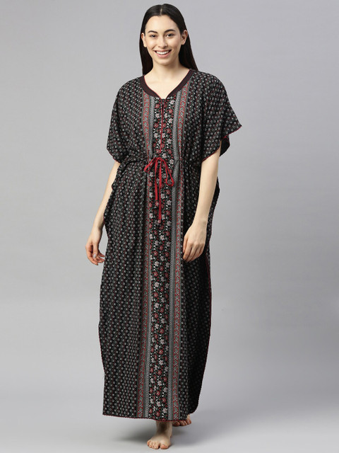 

GOLDSTROMS Black Printed Pure Cotton Maxi Kaftan Nightdress