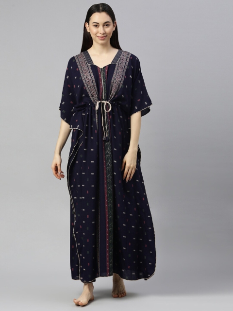 

GOLDSTROMS Women Navy Blue Printed Pure Cotton Maxi Kaftan Nightdress