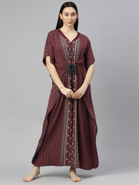 

GOLDSTROMS Maroon Printed Pure Cotton Maxi Kaftan Nightdress