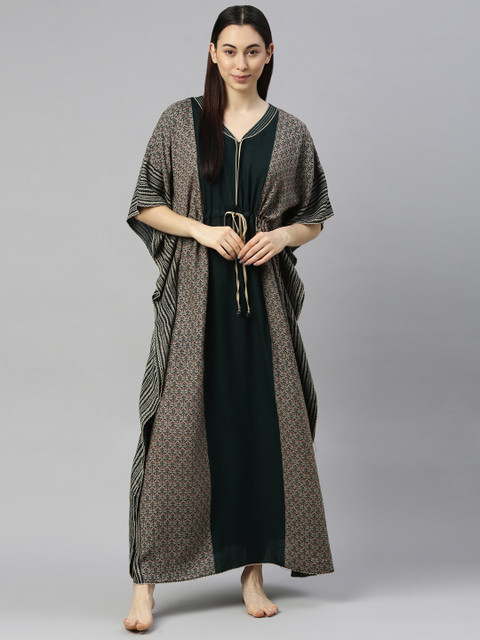 

GOLDSTROMS Green Printed Pure Cotton Maxi Kaftan Nightdress
