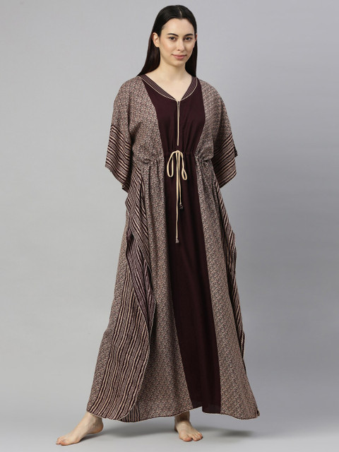 

GOLDSTROMS Coffee Brown Printed Pure Cotton Maxi Kaftan Nightdress