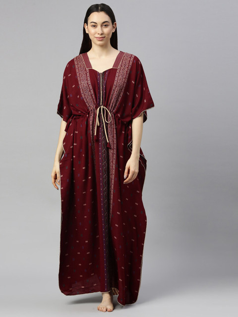 

GOLDSTROMS Women Maroon Printed Pure Cotton Maxi Kaftan Nightdress